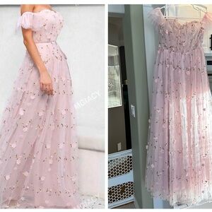 Mgiacy Blush Pink Floral Off-the-Shoulder Dress - Sheer Layered Appliqué - L